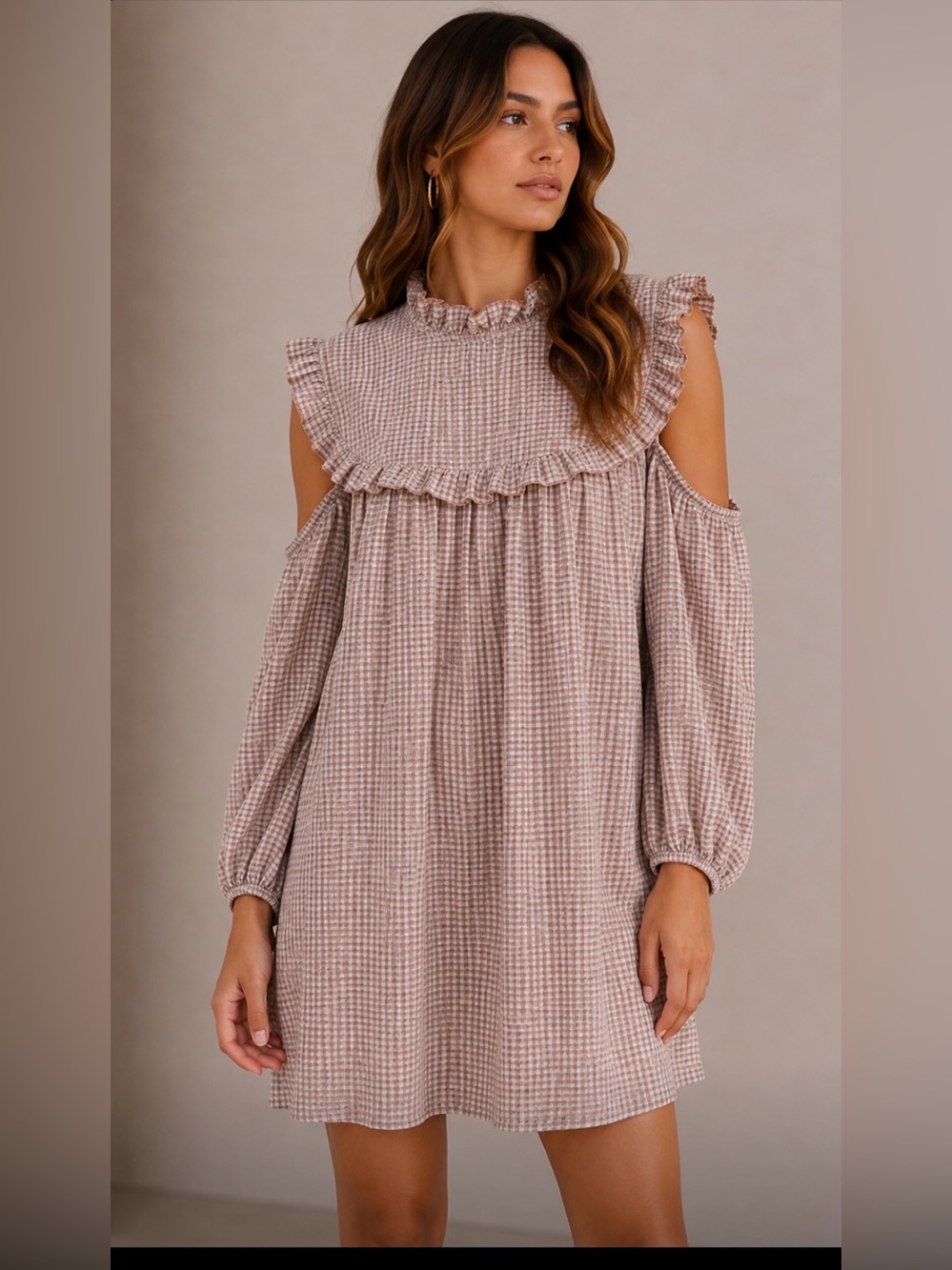 Self-Contrast brown and blue gingham Check Ruffle-Trim Dress size small